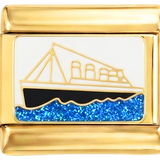 POR AÑADIR - Barco dorado y negro con mar azul sobre fondo dorado