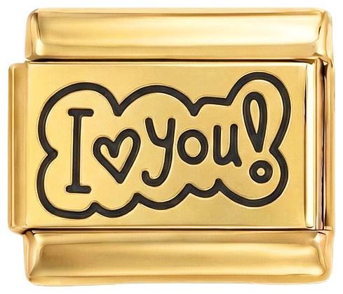 Por añadir - ¡Te amo! en negro dentro de una burbuja sobre fondo dorado